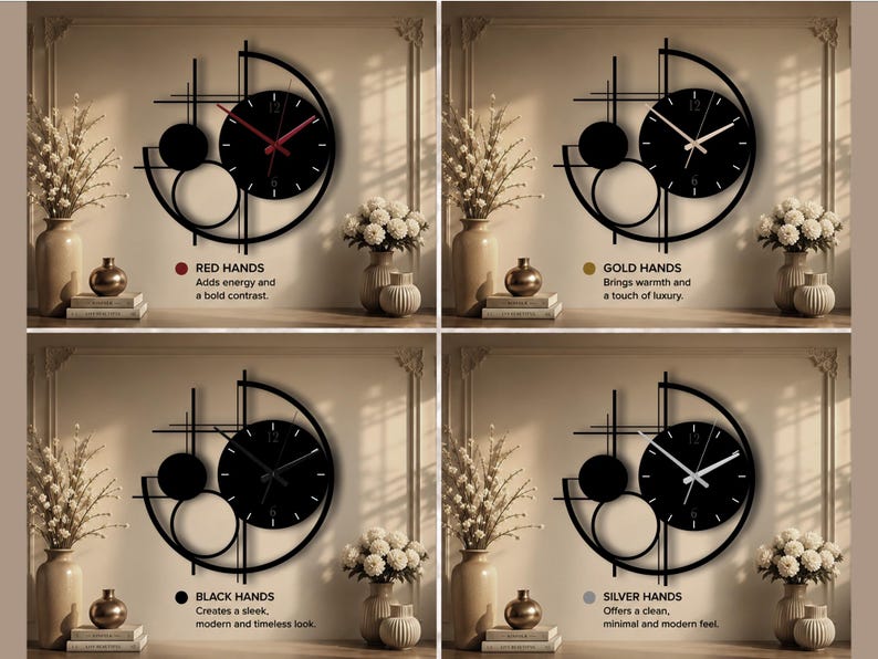 Modern Metal Wall Clock Large, Geometric Black Wall Clocks, Unusual Mid Century Modern Decor
