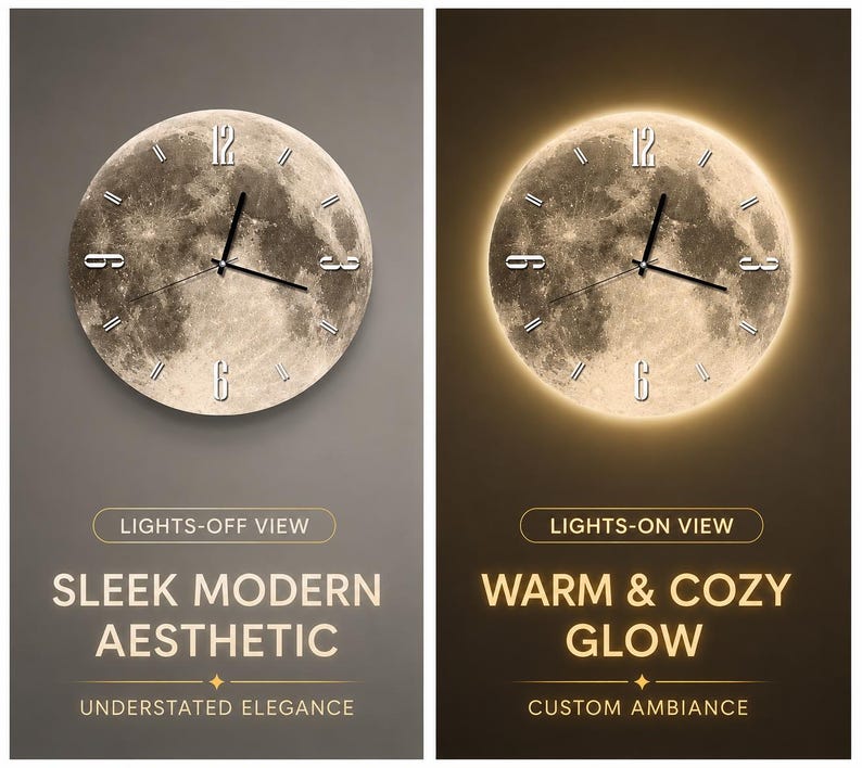 Moon Wall Clock with LED Backlight, Large Silent Bedroom Timepiece Decor