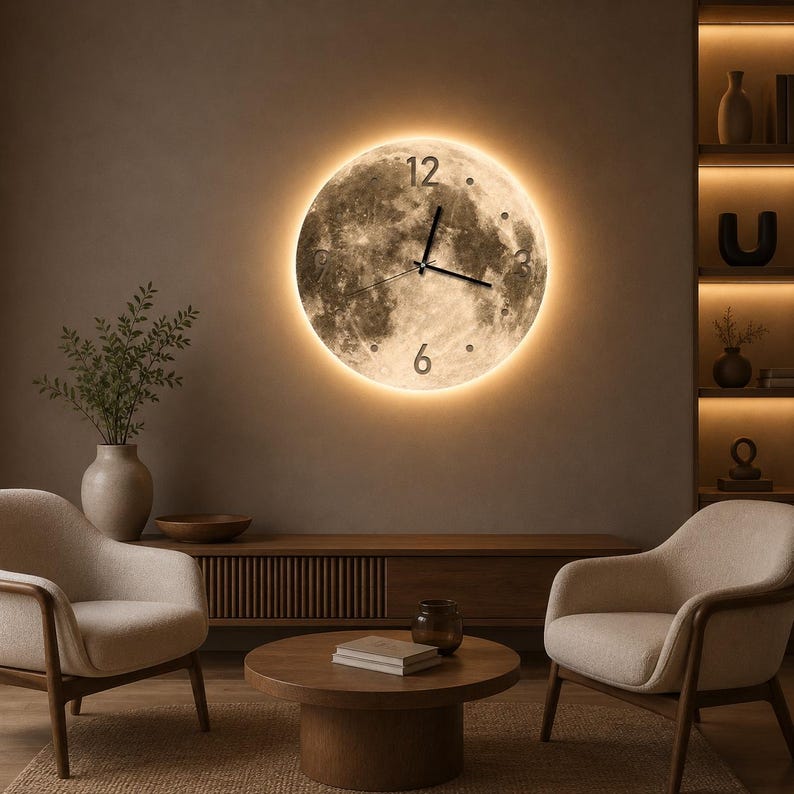 Moon Wall Clock with LED Backlight, Large Silent Bedroom Timepiece Decor