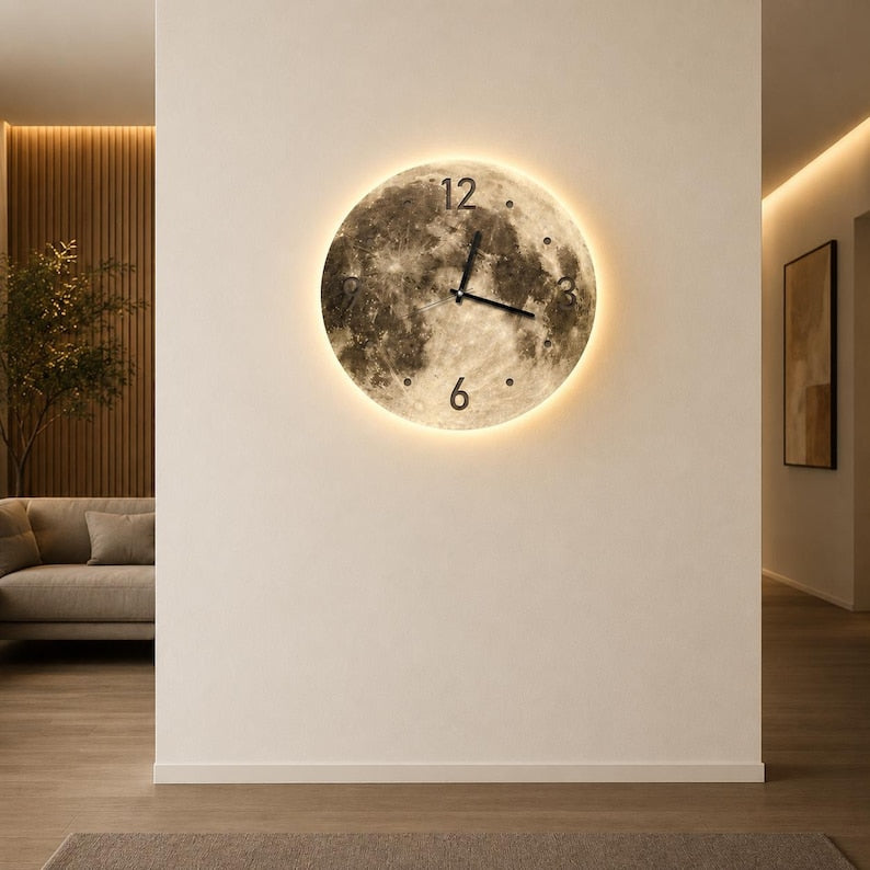 Moon Wall Clock with LED Backlight, Large Silent Bedroom Timepiece Decor